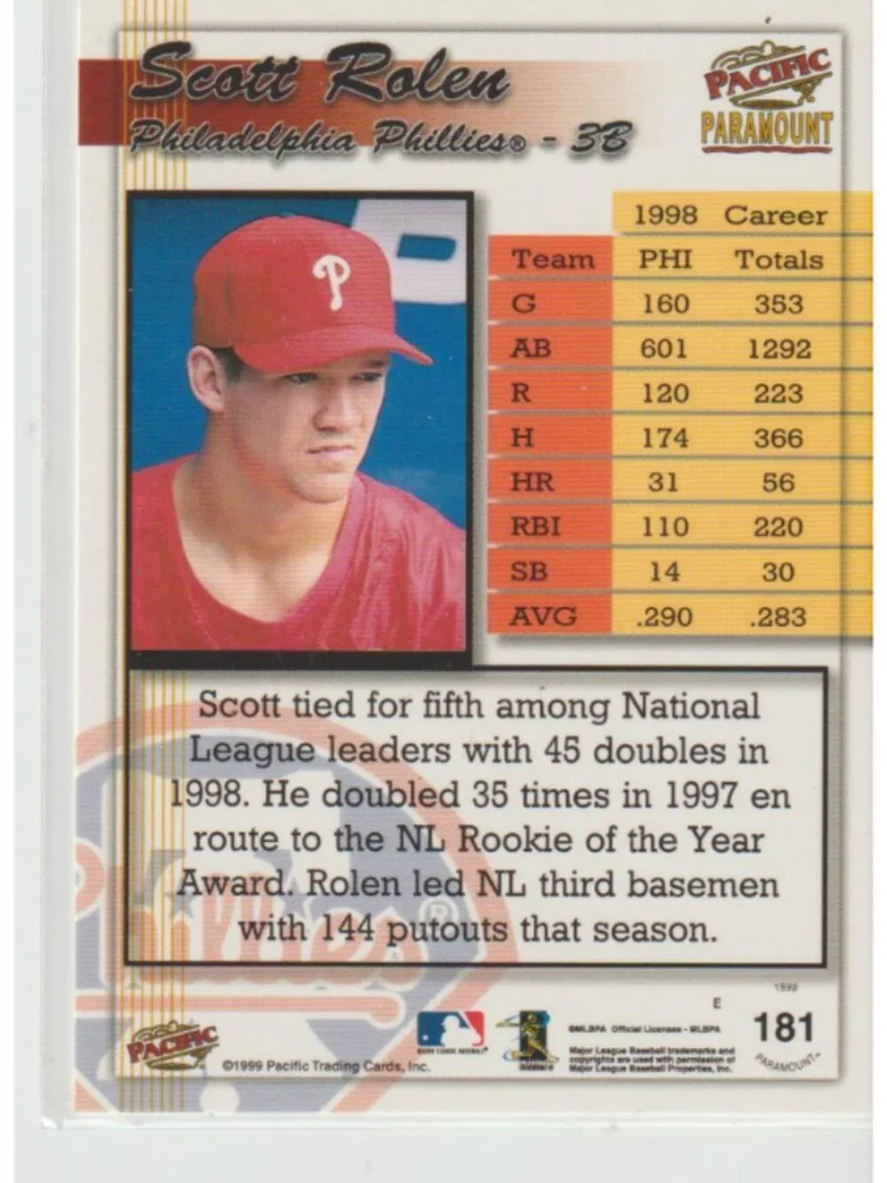 Rare Scott Rolen 1999 Pacific Paramount Gold Foil #181